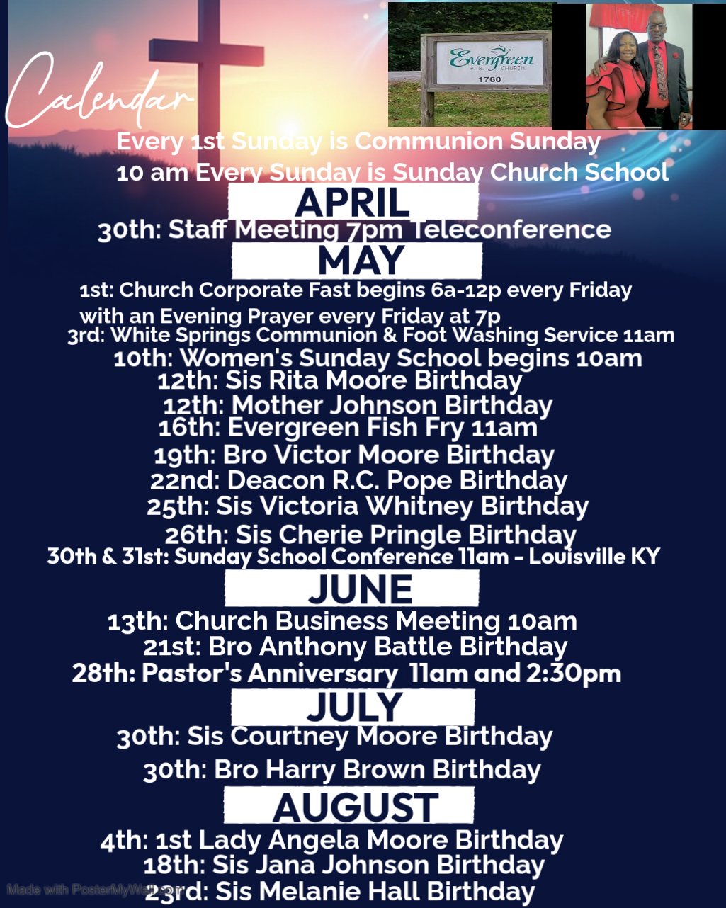 Evergreen Church Activities May through September 2026